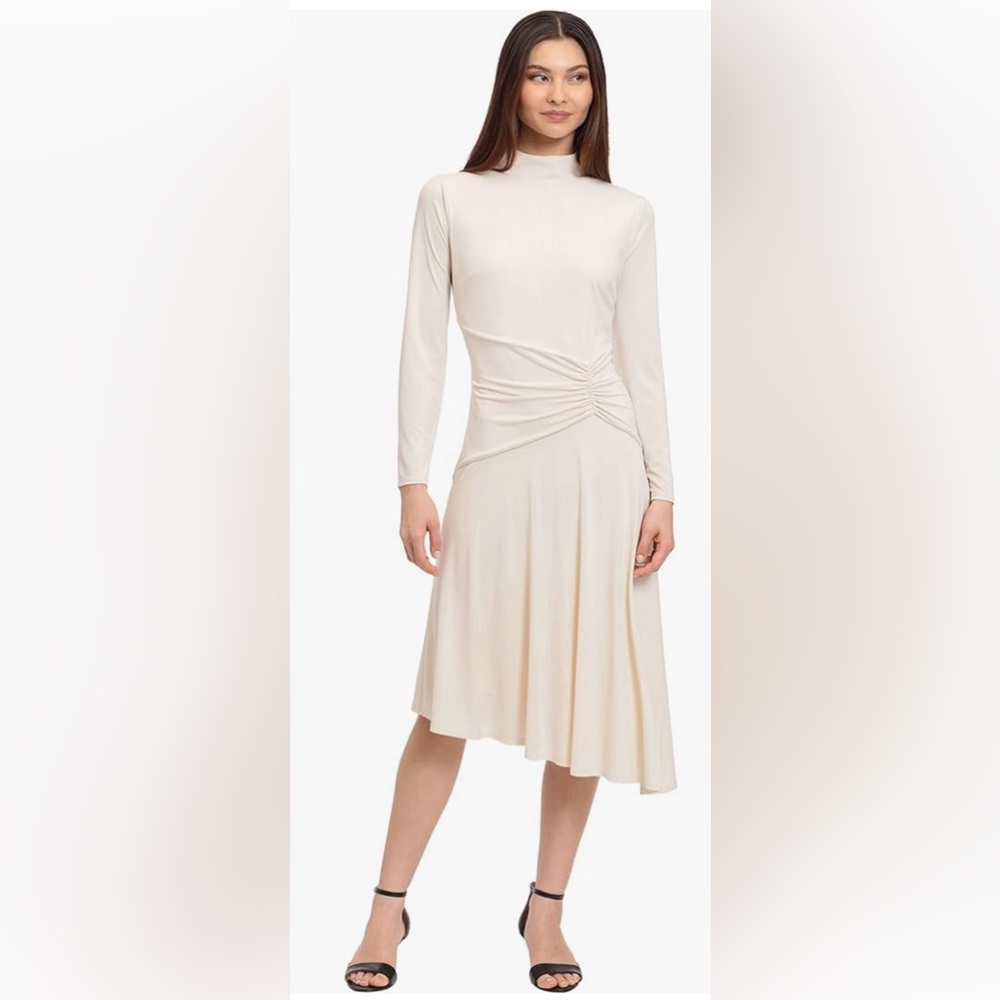 Maggy Beige Long Sleeve Mock Neck Midi Dress Size 8 NWT